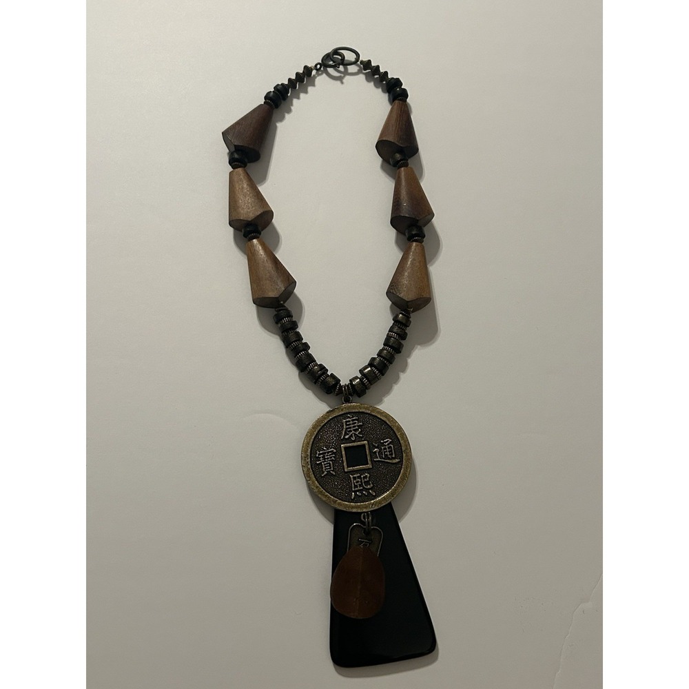 Women's Golden Bronze & Wooden Piece Necklace With Large Chinese Medallion Boho